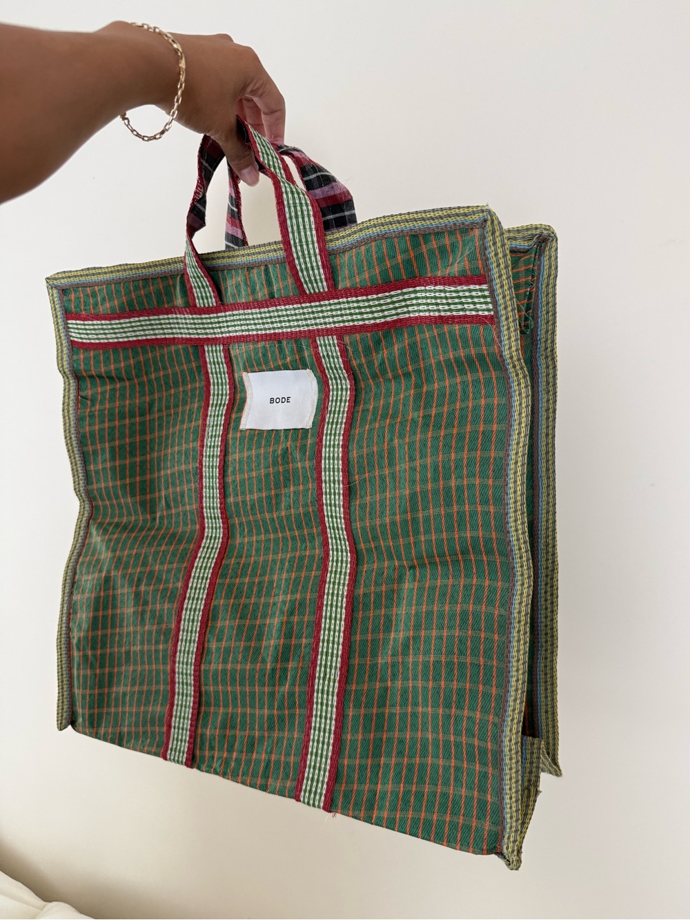 Bode Green Plaid Canvas Tote Bag